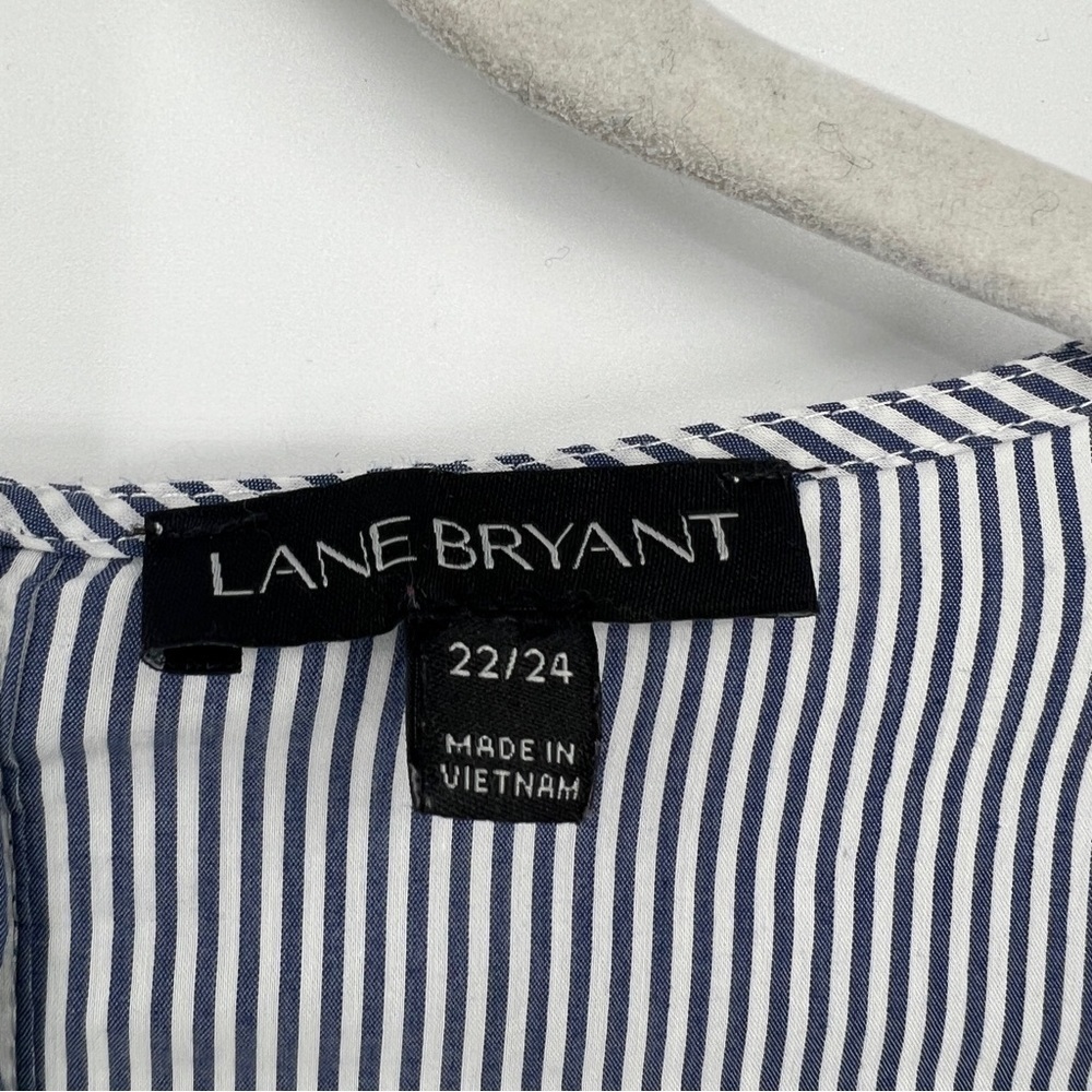 Lane Bryant Embroidered Tie-Front Pinstriped Back Button Boxy Blue White Shirt - Picture 3 of 15